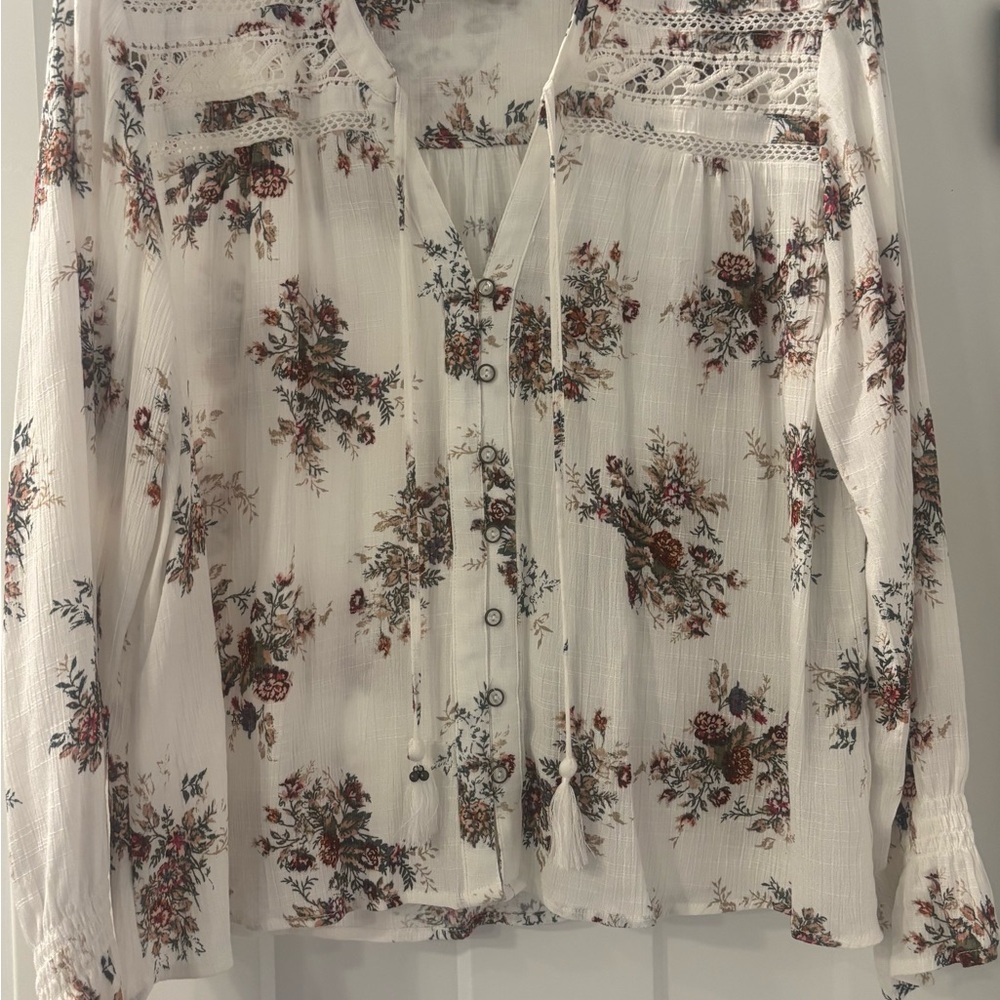 American Rag White Floral and Lace Button-Down Blouse